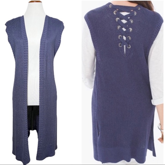 Chico's Sweaters - Chico’s Metallic Blue Lace Up Back Sleeveless Open Front Cardigan